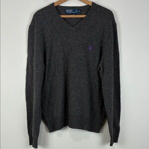Polo by Ralph Lauren Men's XL Gray V-Neck Sweater 100% Lambswool Purple Logo